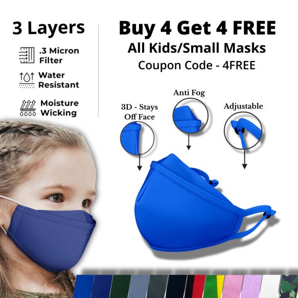 Buy four face masks, get four free kid's face masks promotion featuring a girl wearing a kid's face mask