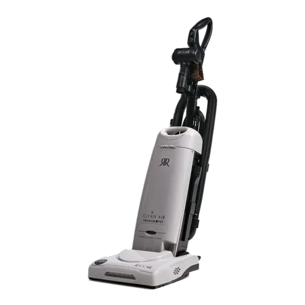 A reclined view of the Riccar R27P Pet Upright Vacuum. Available in-store at Stark's Vacuums.